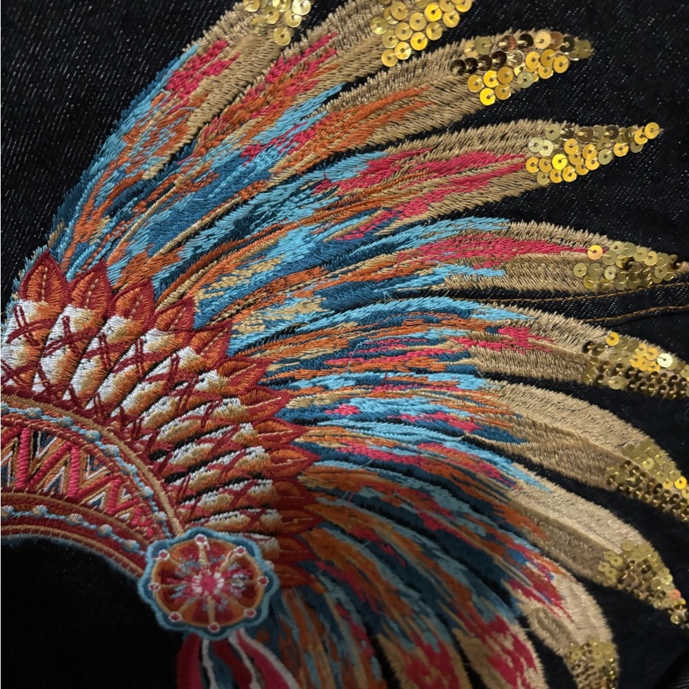 Black Denim Jacket with Colorful Feather Embroidery/sequins by Rockin C - Picture 2 of 4